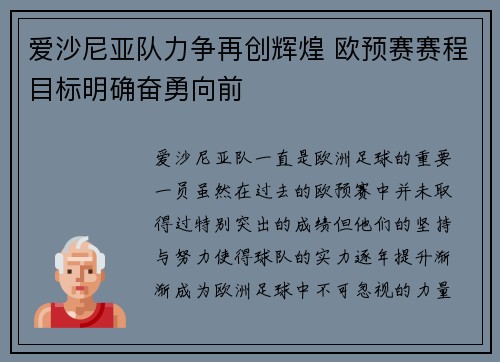 爱沙尼亚队力争再创辉煌 欧预赛赛程目标明确奋勇向前